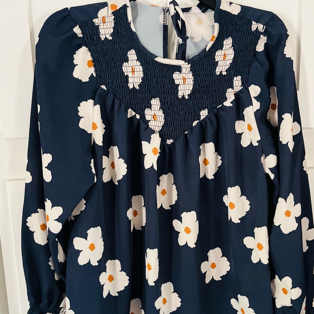 Michelle McDowell Women’s Navy Floral Smocked Yoke Blouse